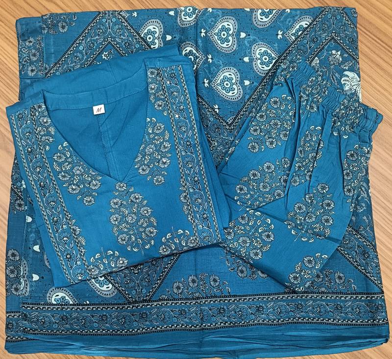 Beautiful blue a-line kurta set with printed pant dupatta