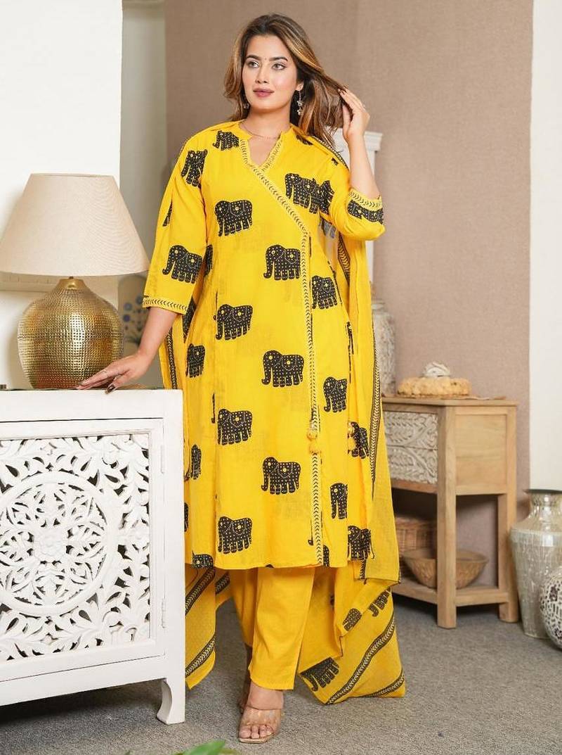 Beautiful yellow 3-piece pure cotton kurta set