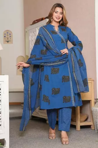 Beautiful blue 3-piece pure cotton kurta set