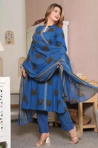 Beautiful blue 3-piece pure cotton kurta set