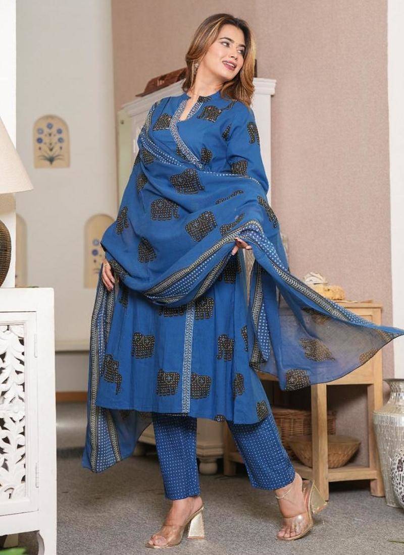 Beautiful blue 3-piece pure cotton kurta set