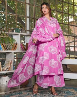 Beautiful pink 3-piece pure cotton kurta set 1