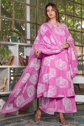 Beautiful pink 3-piece pure cotton kurta set