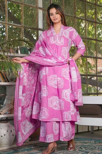 Beautiful pink 3-piece pure cotton kurta set