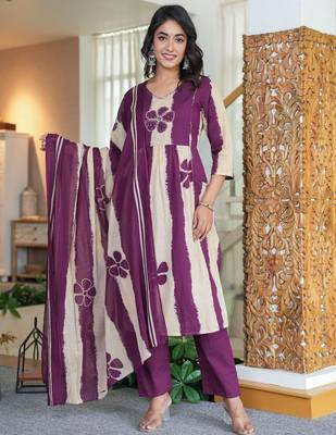 An elegant purple and cream 3-piece pure cotton suit set 1