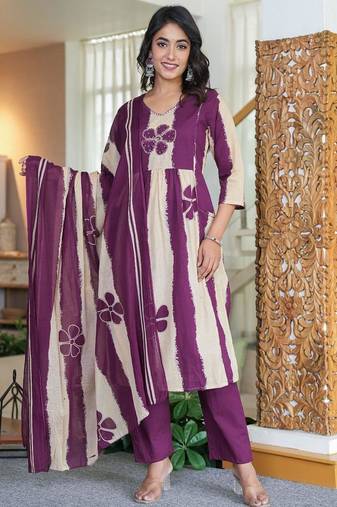 An elegant purple and cream 3-piece pure cotton suit set