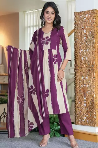 An elegant purple and cream 3-piece pure cotton suit set