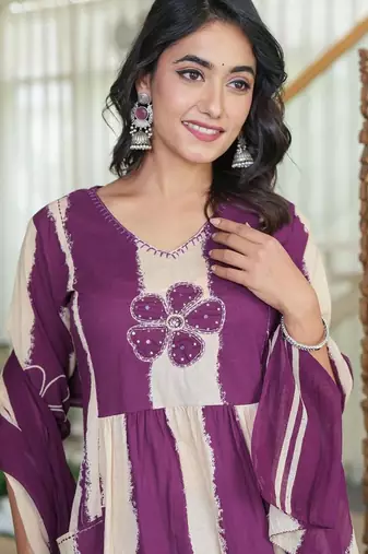 An elegant purple and cream 3-piece pure cotton suit set