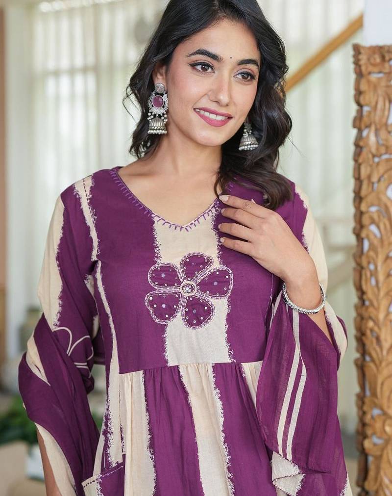 An elegant purple and cream 3-piece pure cotton suit set
