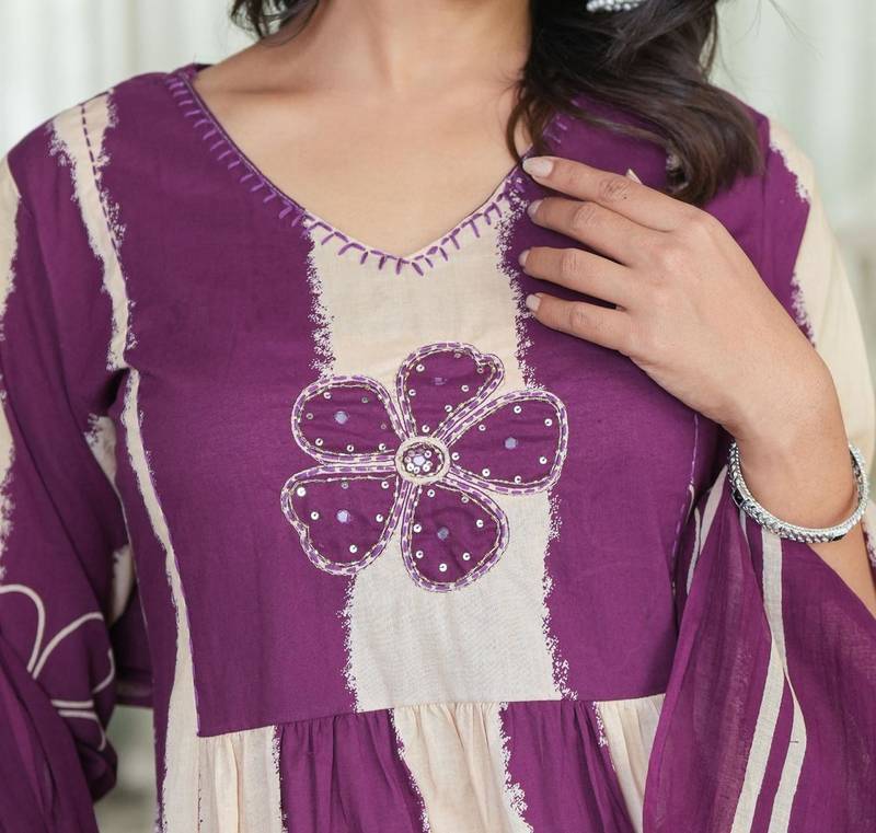 An elegant purple and cream 3-piece pure cotton suit set