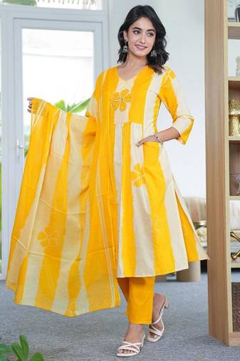 An elegant yellow and cream 3-piece pure cotton suit set