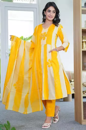 An elegant yellow and cream 3-piece pure cotton suit set