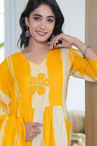 An elegant yellow and cream 3-piece pure cotton suit set