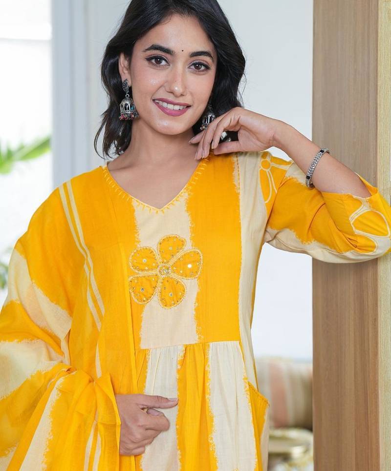 An elegant yellow and cream 3-piece pure cotton suit set