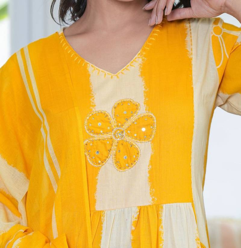 An elegant yellow and cream 3-piece pure cotton suit set
