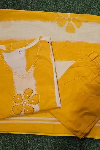 An elegant yellow and cream 3-piece pure cotton suit set