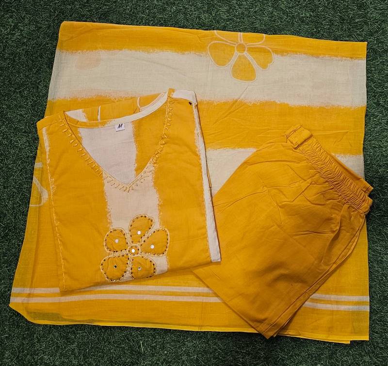 An elegant yellow and cream 3-piece pure cotton suit set