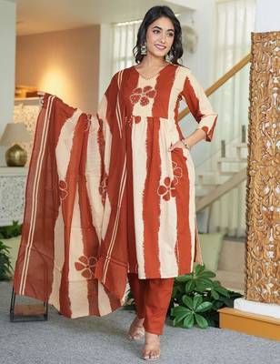 An elegant rust and cream 3-piece pure cotton suit set 1
