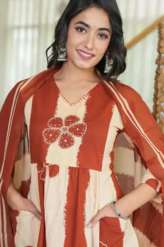 An elegant rust and cream 3-piece pure cotton suit set