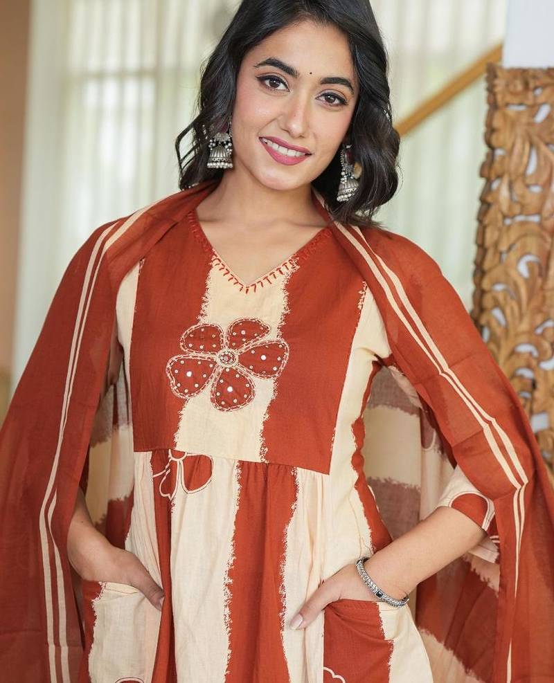 An elegant rust and cream 3-piece pure cotton suit set
