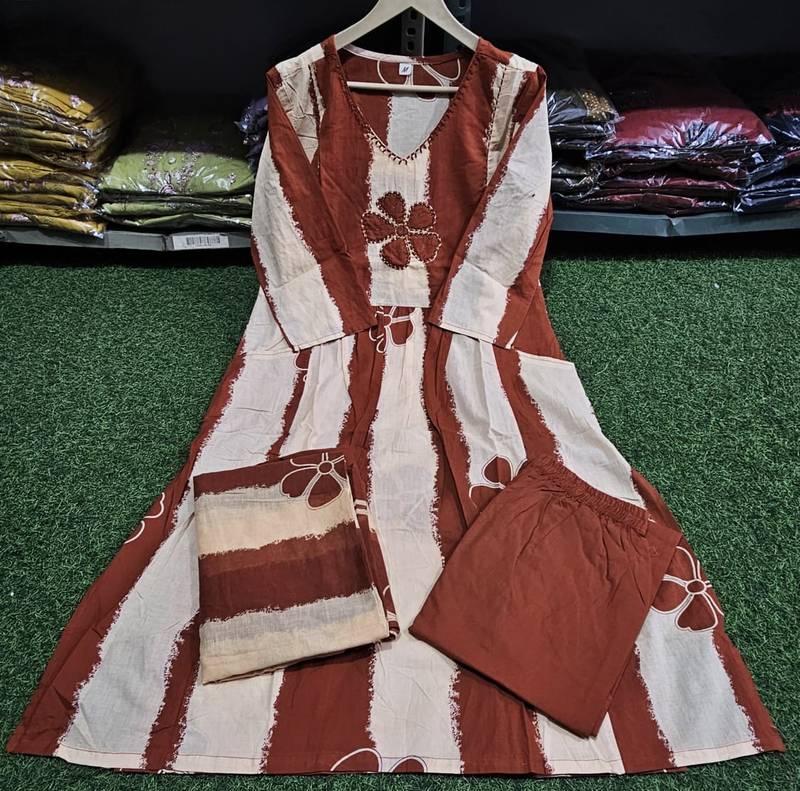 An elegant rust and cream 3-piece pure cotton suit set