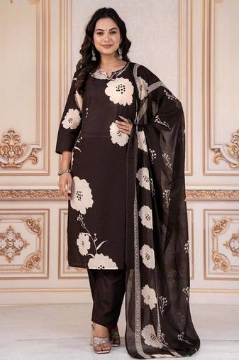 Beautiful printed brown kurta set with pant and dupatta