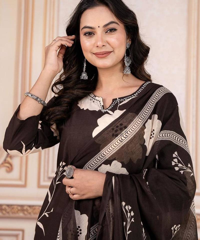 Beautiful printed brown kurta set with pant and dupatta