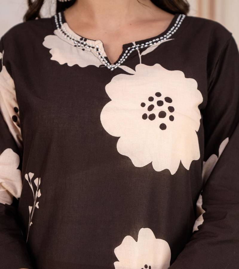 Beautiful printed brown kurta set with pant and dupatta