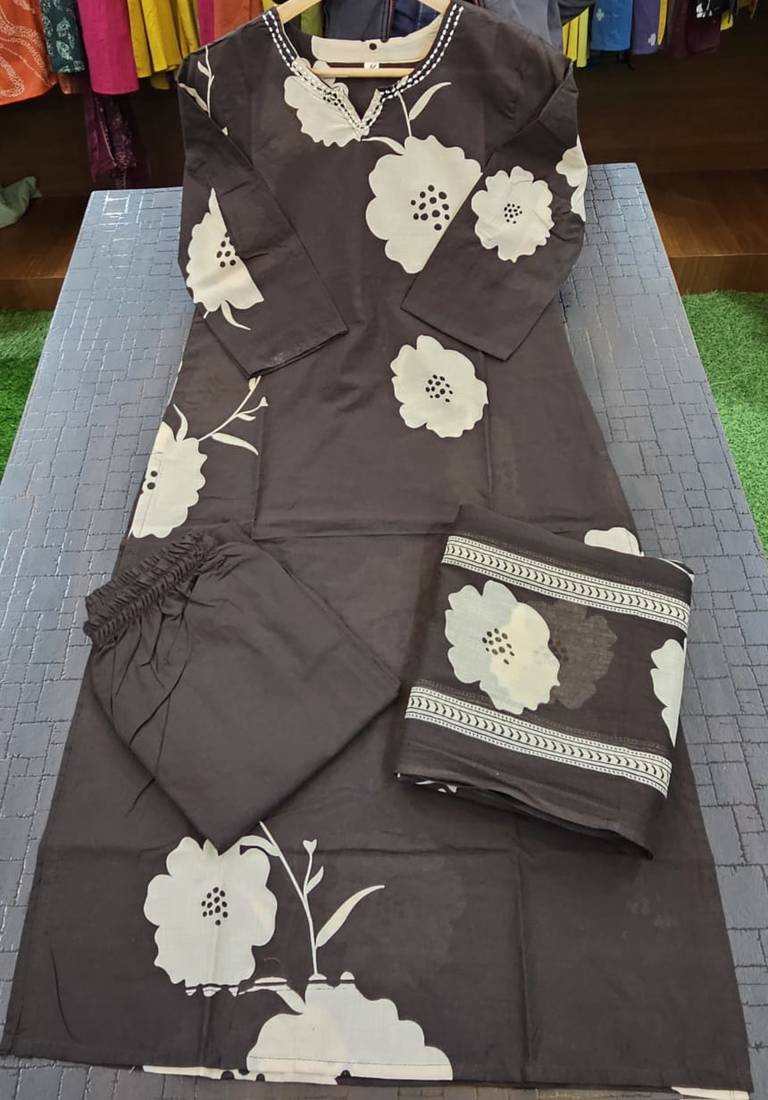 Beautiful printed brown kurta set with pant and dupatta