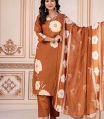 Beautiful printed rust kurta set with pant and dupatta