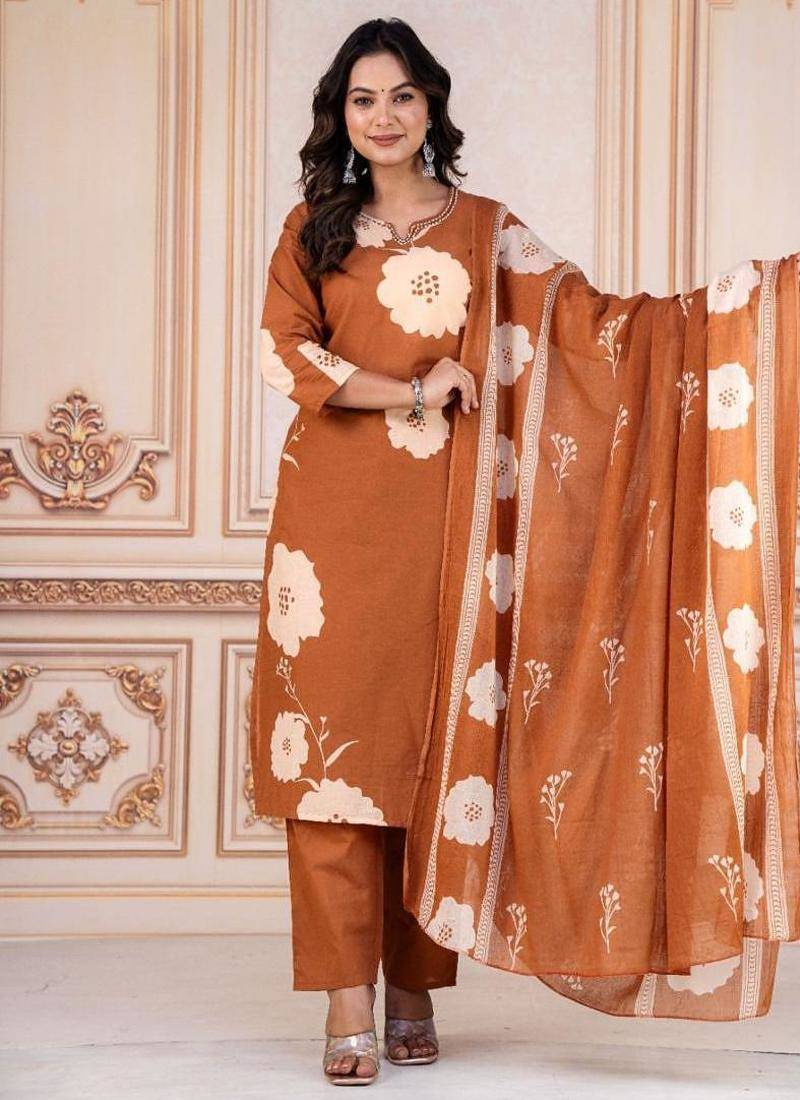 Beautiful printed rust kurta set with pant and dupatta