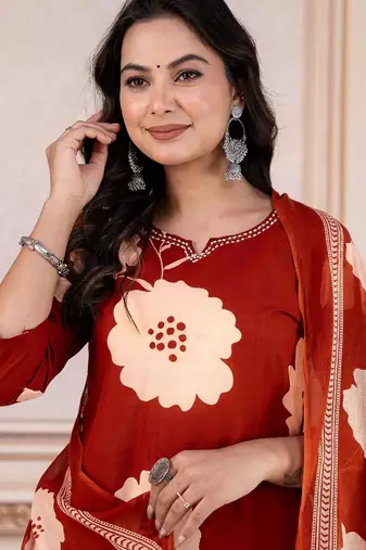 Beautiful printed red kurta set with pant and dupatta