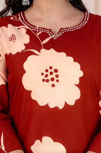 Beautiful printed red kurta set with pant and dupatta