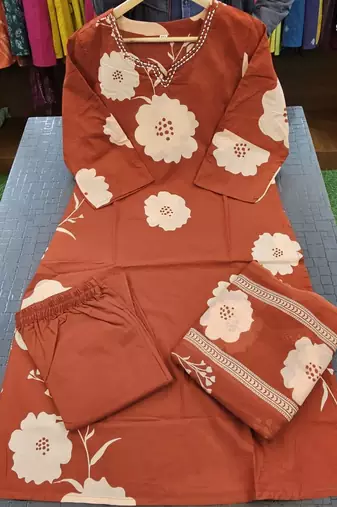 Beautiful printed red kurta set with pant and dupatta