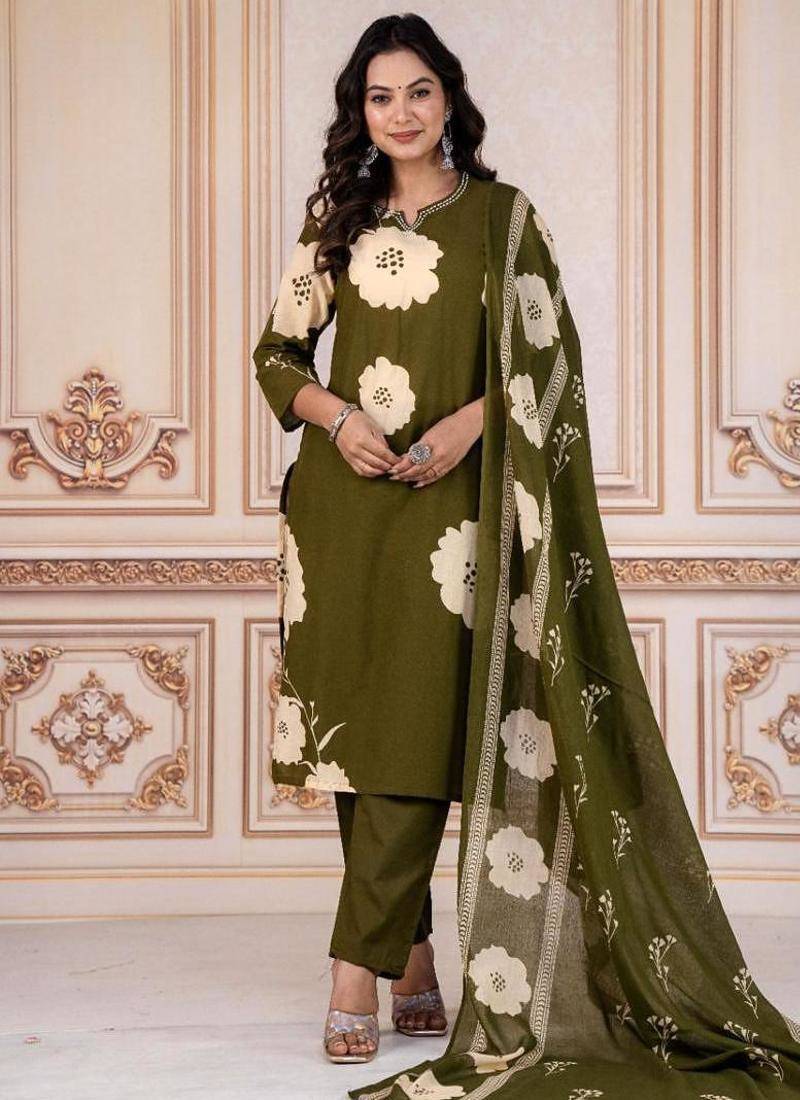Beautiful printed green kurta set with pant and dupatta
