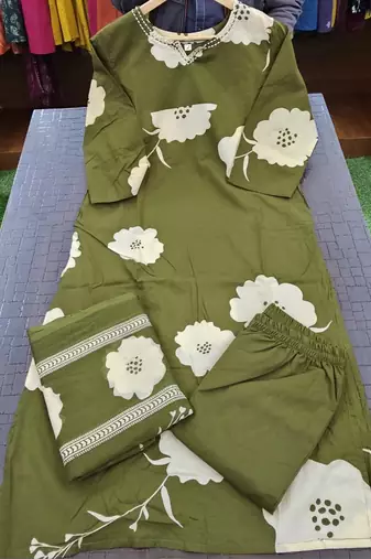 Beautiful printed green kurta set with pant and dupatta