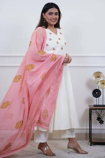 Beautiful white elegant cotton anarkali set with embroidery and cotton dupatta
