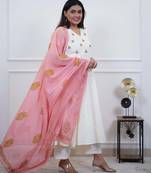 Beautiful white elegant cotton anarkali set with embroidery and cotton dupatta