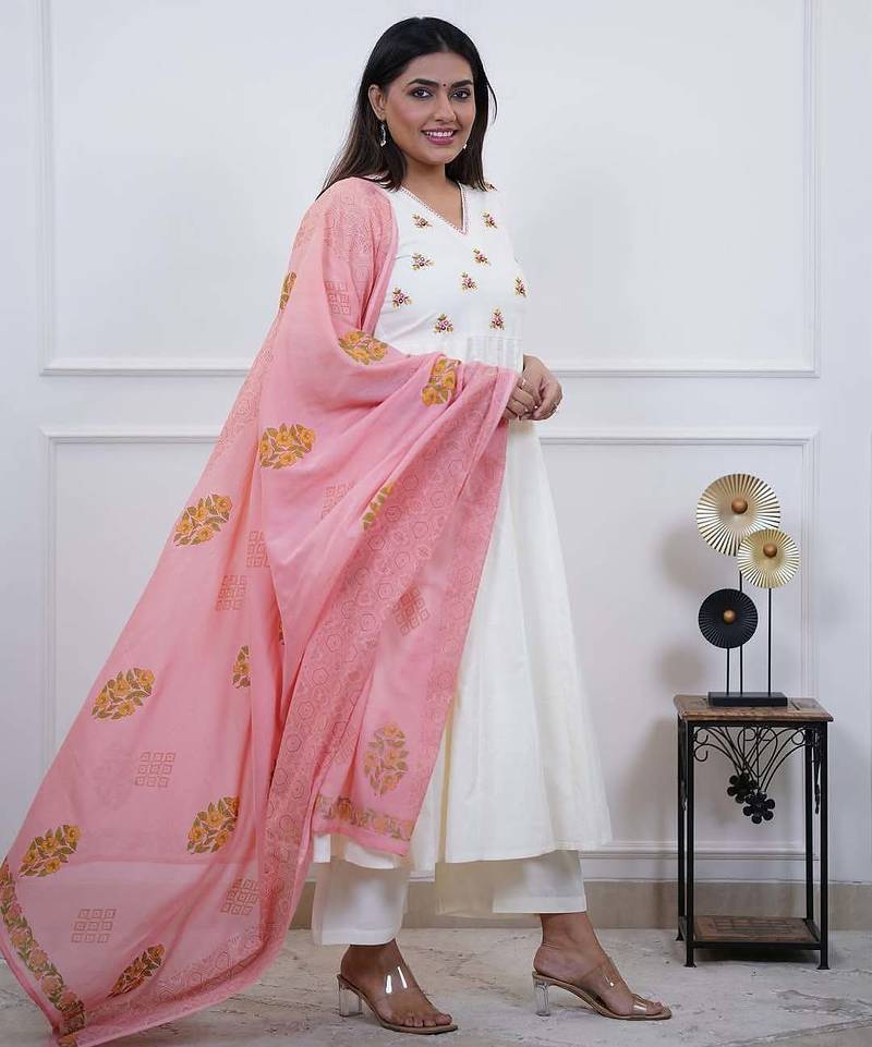 Beautiful white elegant cotton anarkali set with embroidery and cotton dupatta