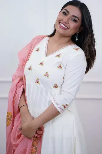 Beautiful white elegant cotton anarkali set with embroidery and cotton dupatta