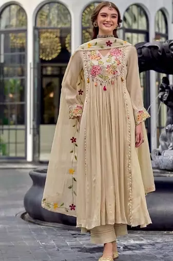 Beautiful  beige anarkali suit set featuring detailed floral thread work and embroidered dupatta.