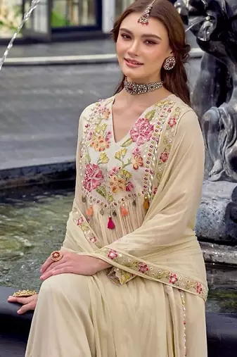 Beautiful  beige anarkali suit set featuring detailed floral thread work and embroidered dupatta.