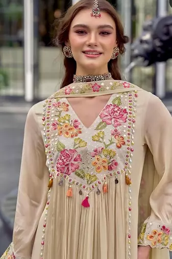 Beautiful  beige anarkali suit set featuring detailed floral thread work and embroidered dupatta.