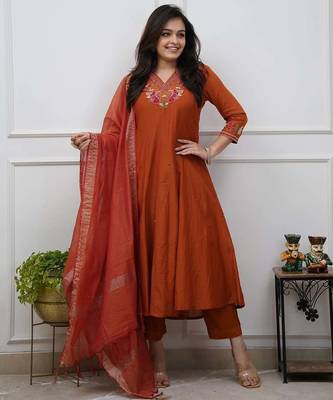 Beautiful  a rust colored embroidered cotton blend anarkali suit set with a dupatta 1