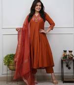 Beautiful  a rust colored embroidered cotton blend anarkali suit set with a dupatta