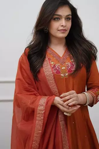 Beautiful  a rust colored embroidered cotton blend anarkali suit set with a dupatta