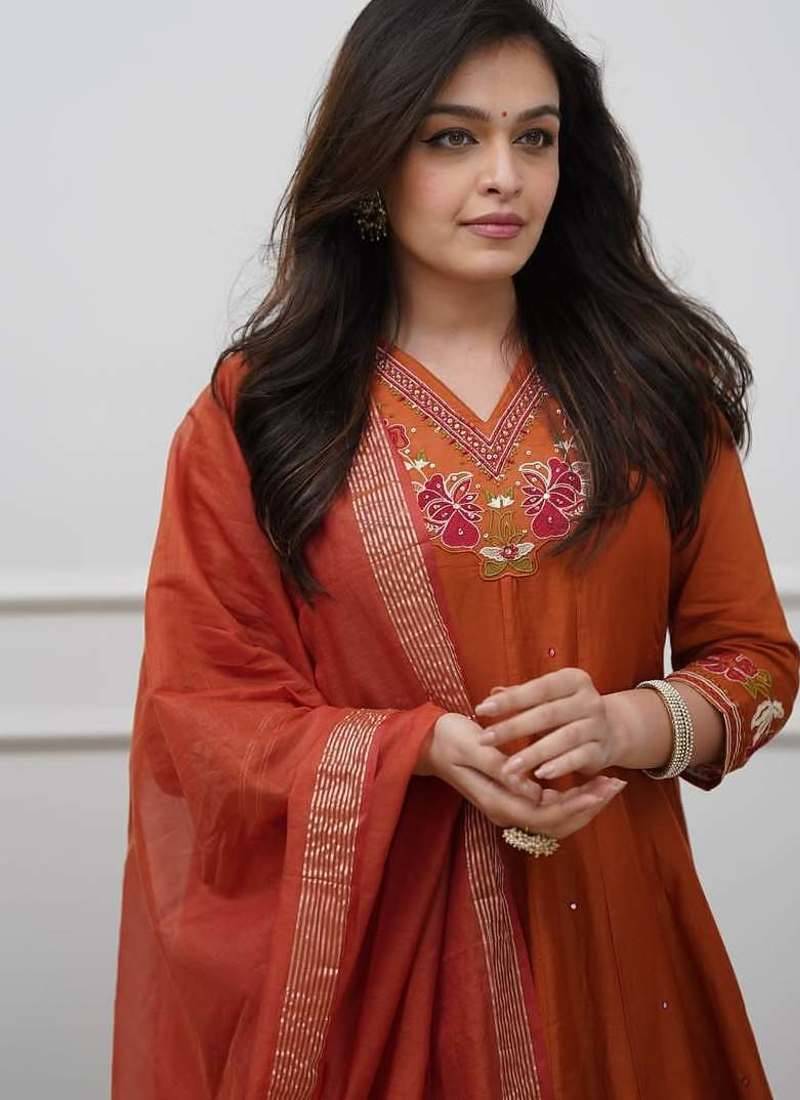 Beautiful  a rust colored embroidered cotton blend anarkali suit set with a dupatta