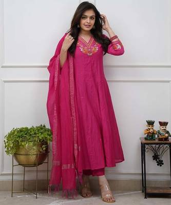 Beautiful  a pink colored embroidered cotton blend anarkali suit set with a dupatta 1
