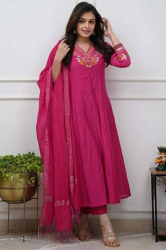 Beautiful  a pink colored embroidered cotton blend anarkali suit set with a dupatta