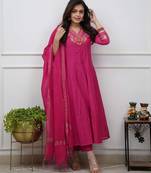 Beautiful  a pink colored embroidered cotton blend anarkali suit set with a dupatta